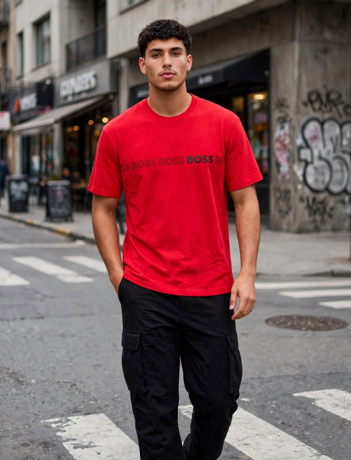 Playera roja con diseño BOSS vista frontal en modelo