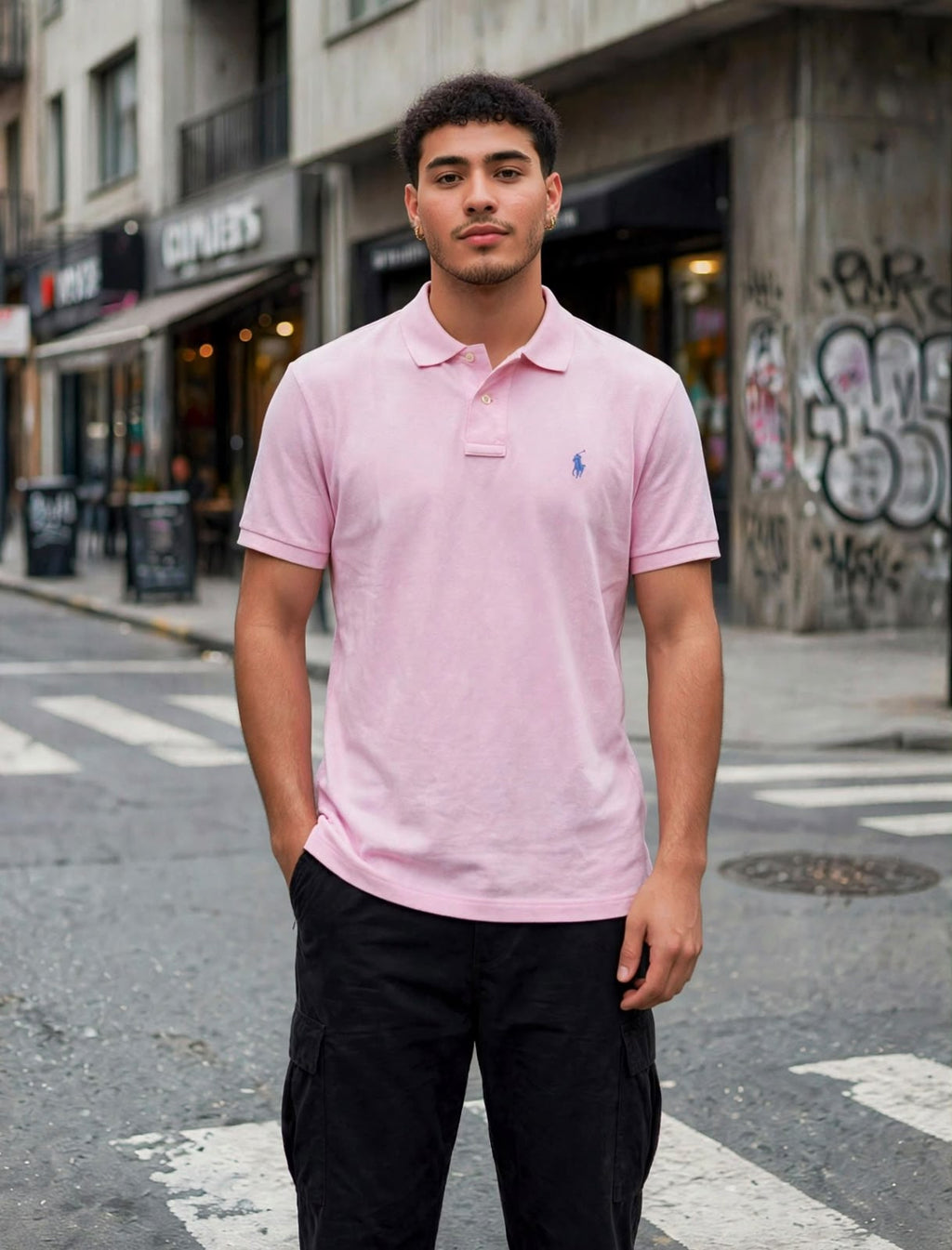 Polo rosa claro vista frontal con modelo