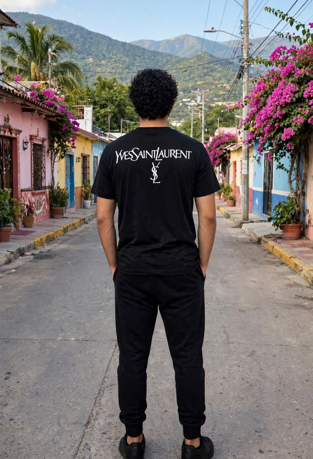 Playera negra con diseño Yves Saint Laurent vista posterior con modelo