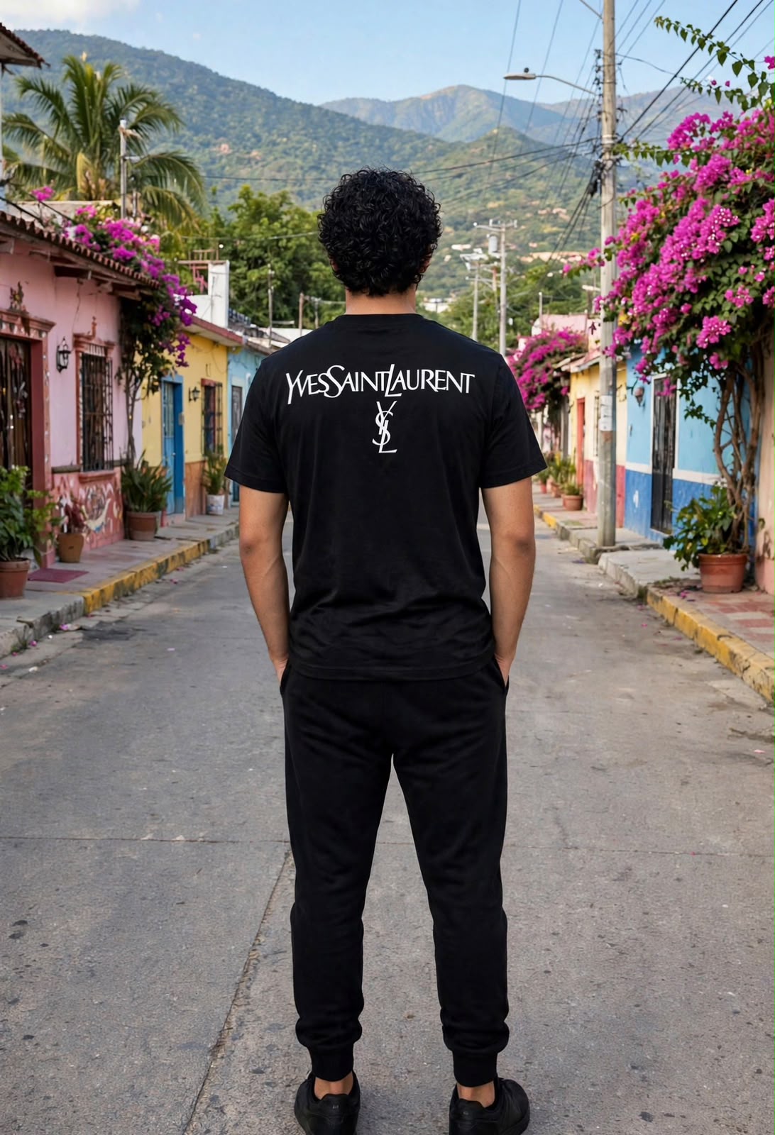 Playera negra con diseño Yves Saint Laurent vista posterior con modelo