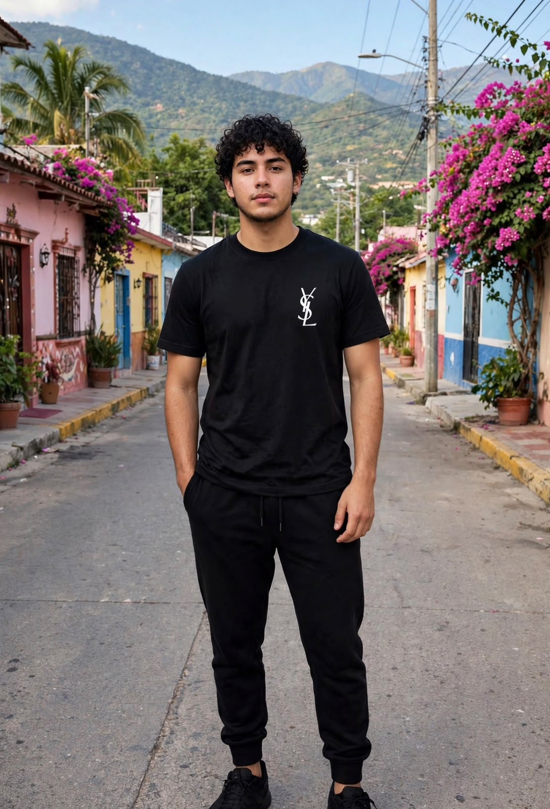 Playera negra con diseño YSL vista frontal con modelo