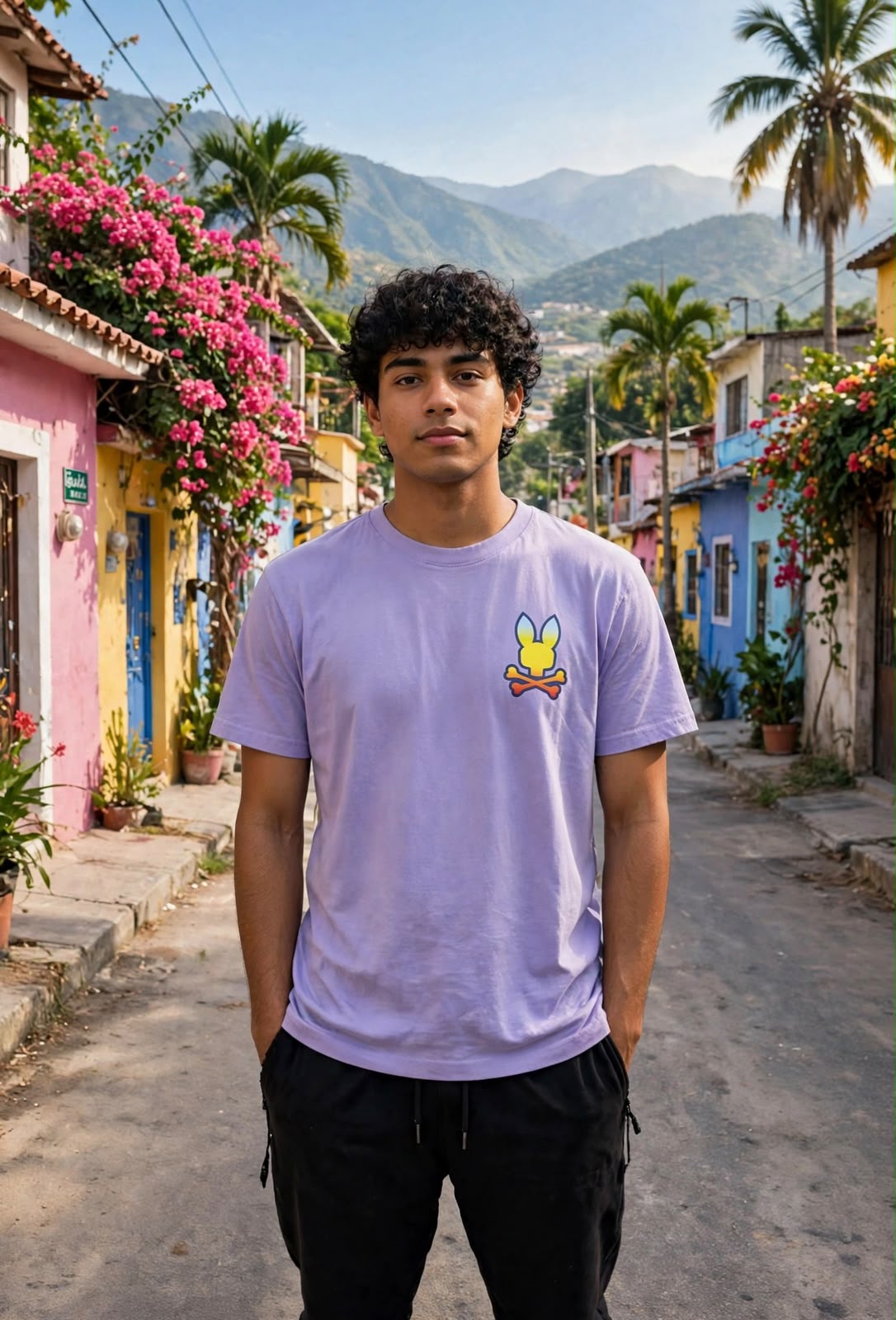 Playera lila vista frontal con modelo