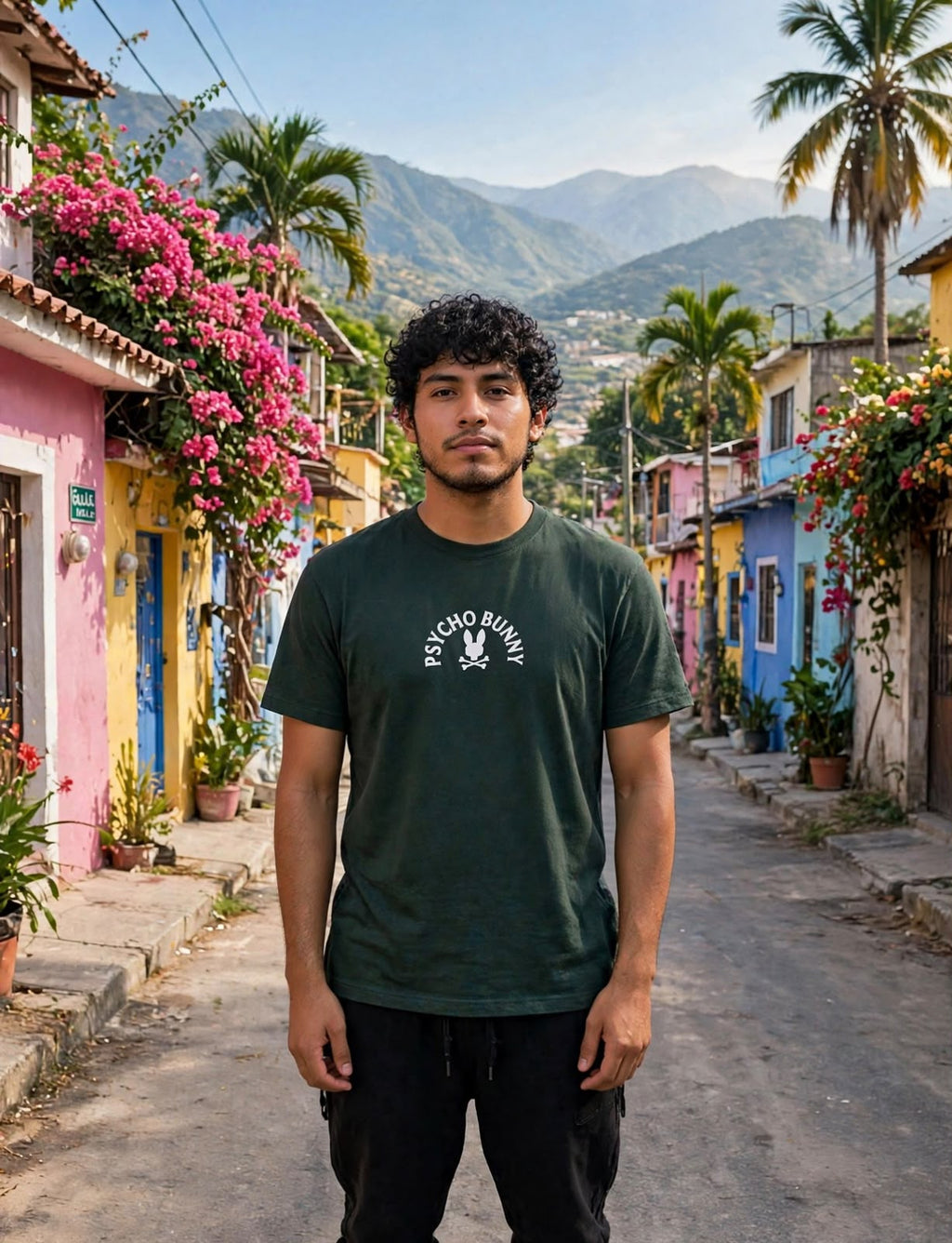 Playera verde oscuro Psycho Bunny vista frontal con modelo