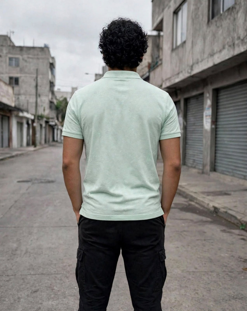 Polo verde menta vista posterior con modelo