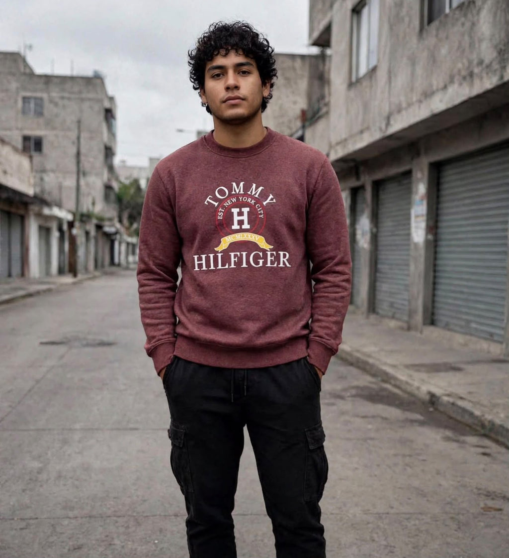 Sudadera vino vista frontal con modelo