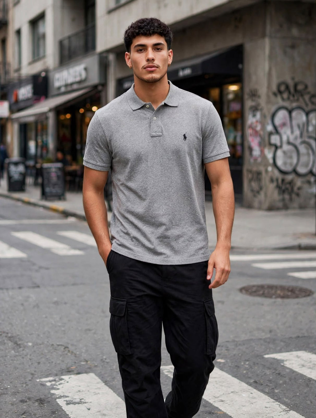 Vista frontal de polo gris para hombre en modelo