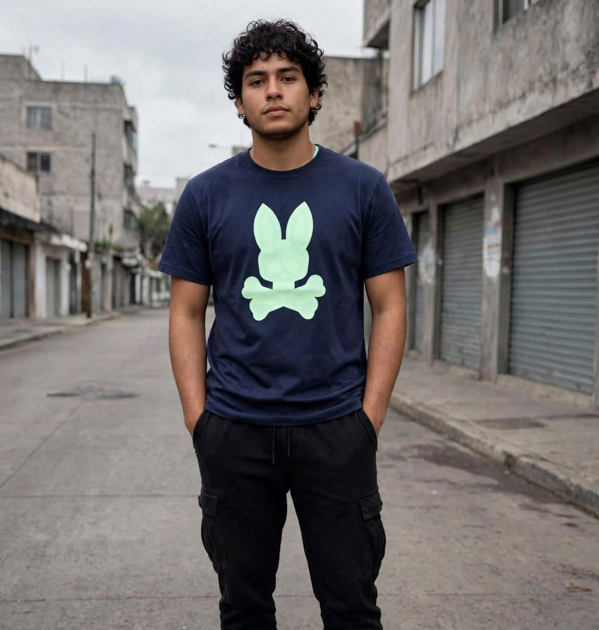 Playera Psycho Bunny azul marino vista frontal con modelo