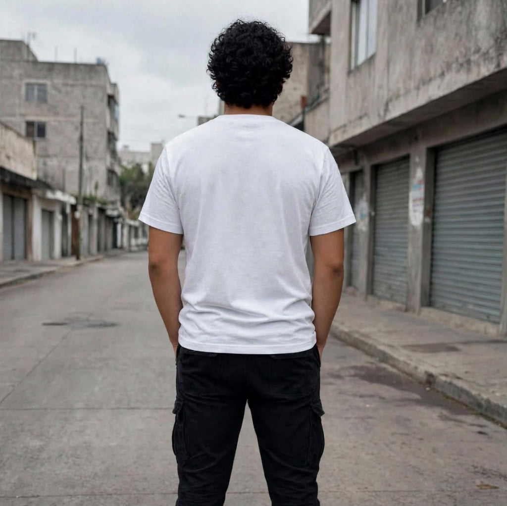 Playera blanca vista posterior con modelo