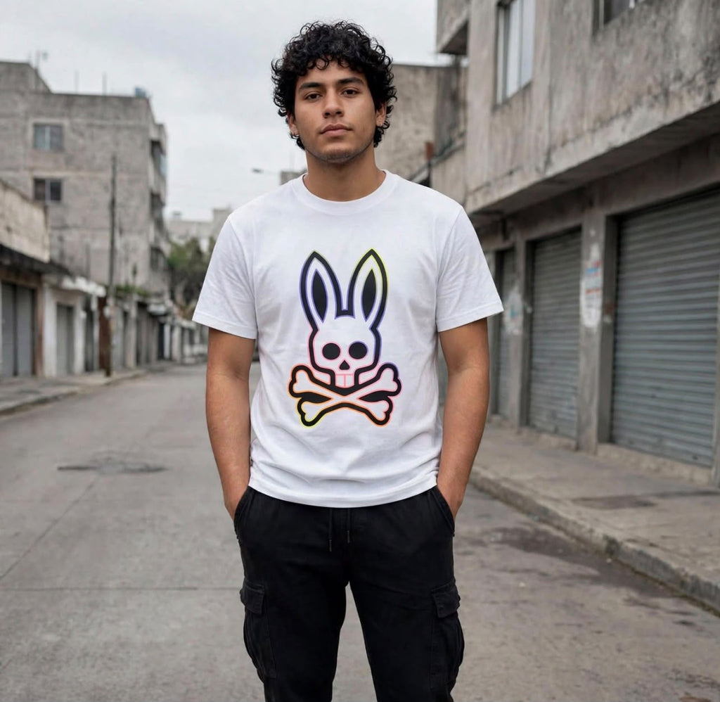 Playera blanca Psycho Bunny vista frontal con modelo
