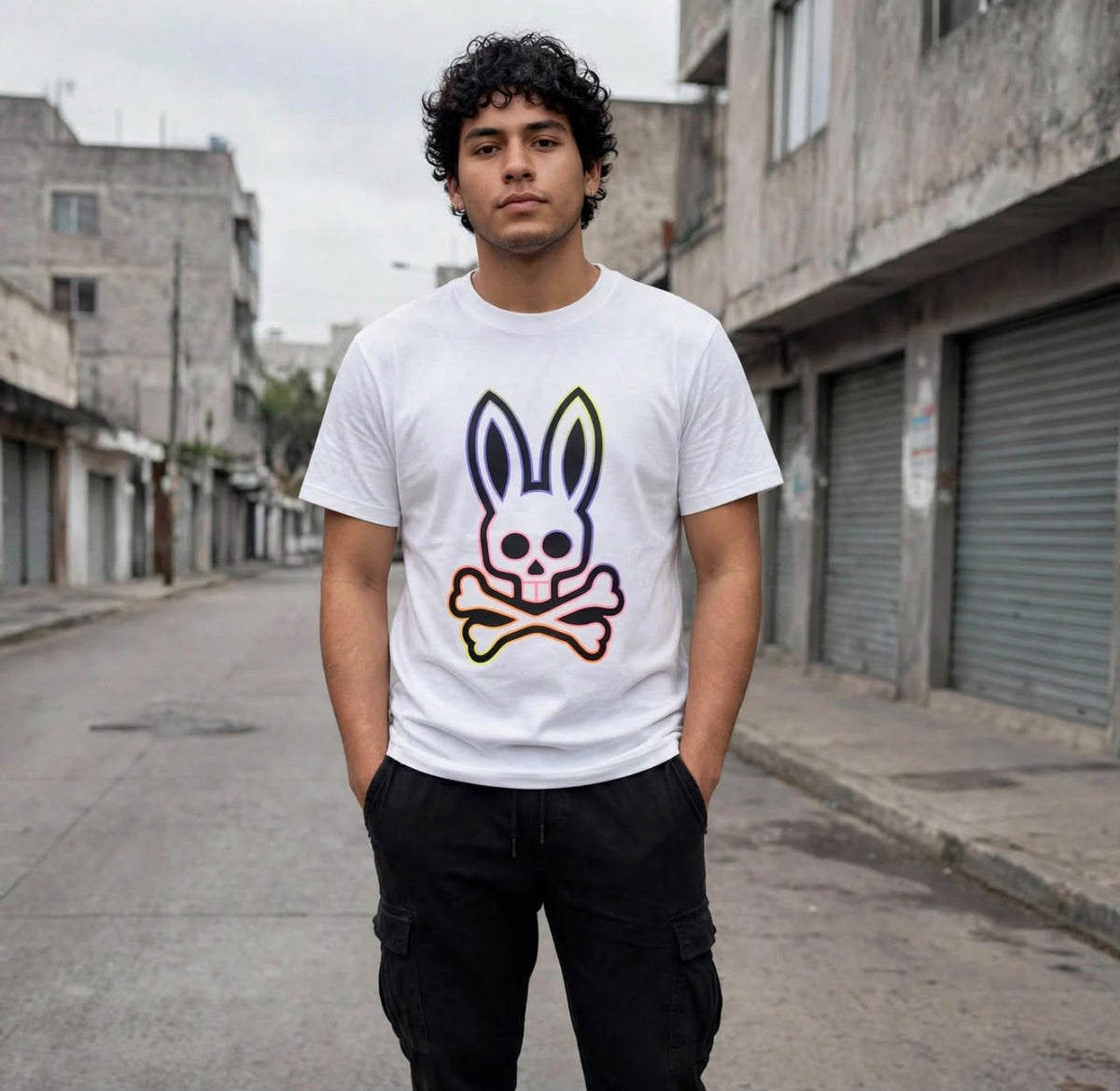 Playera blanca Psycho Bunny vista frontal con modelo