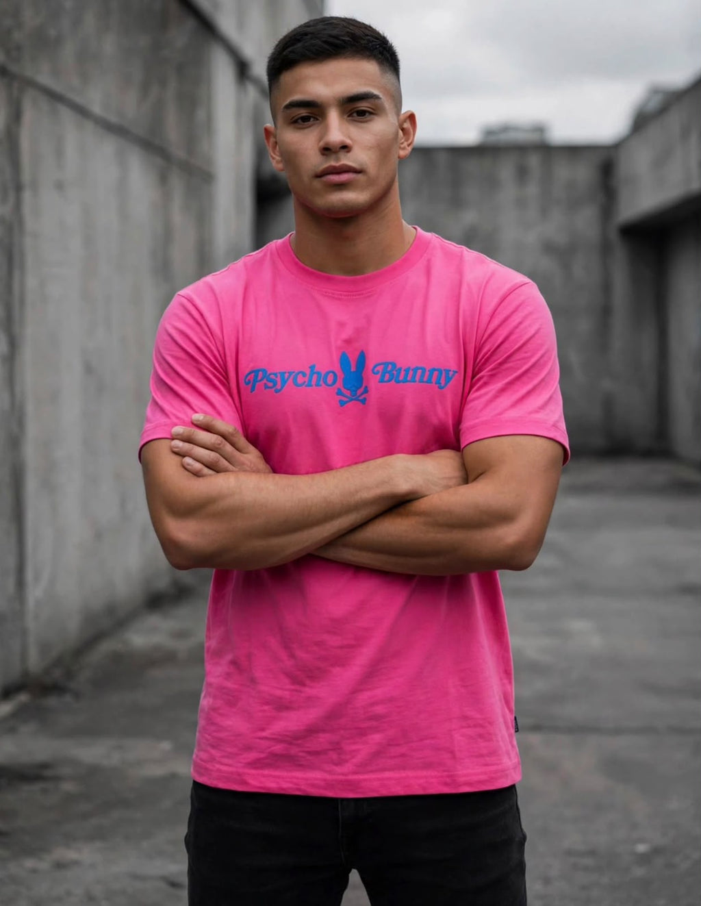 Playera Psycho Bunny rosa, vista frontal con modelo