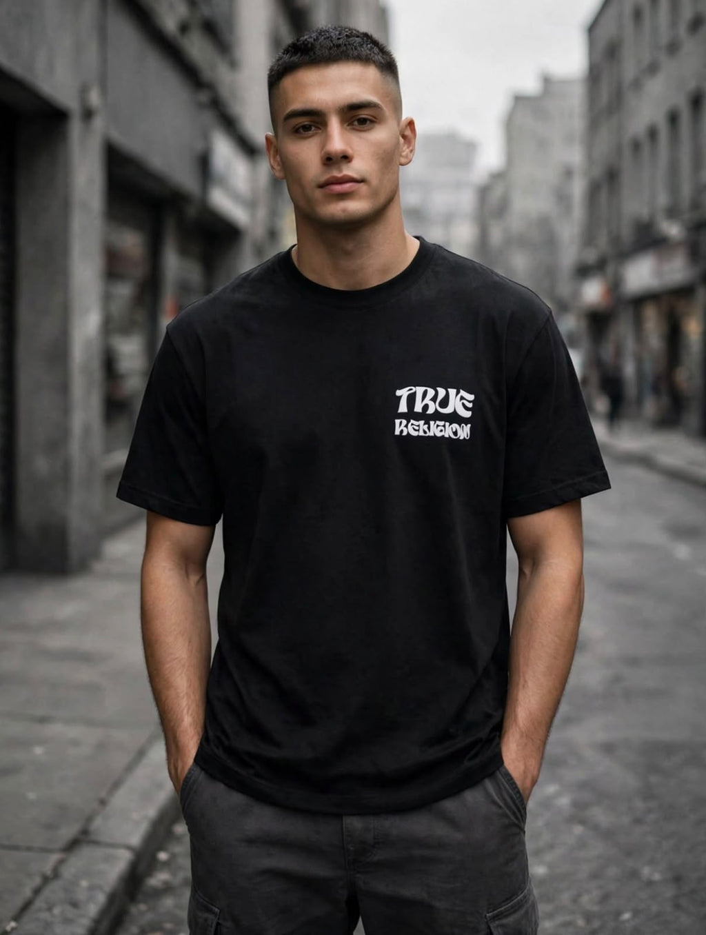 Playera True Religion negra de frente con modelo