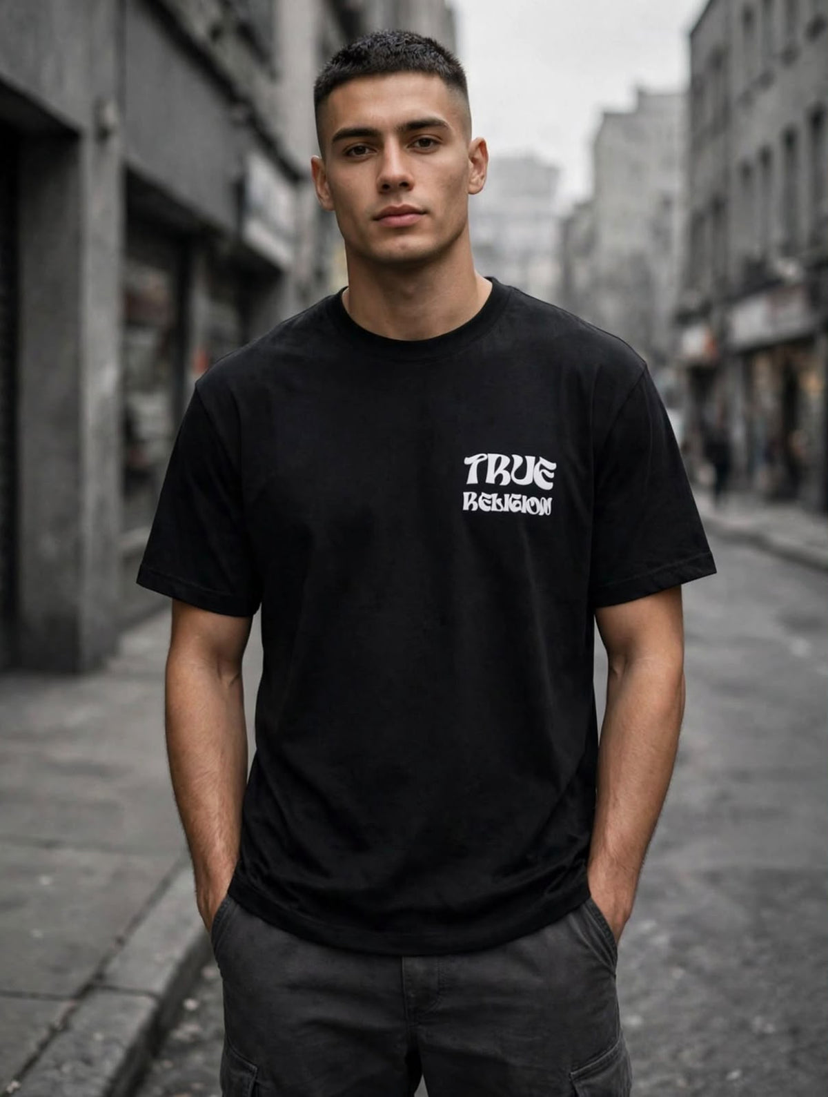 Playera True Religion negra de frente con modelo
