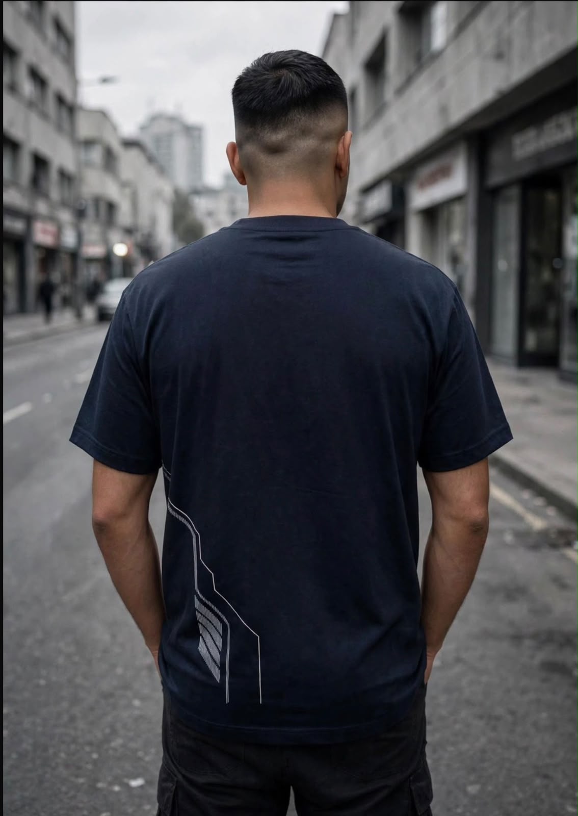 Playera BOSS azul marino vista posterior con modelo