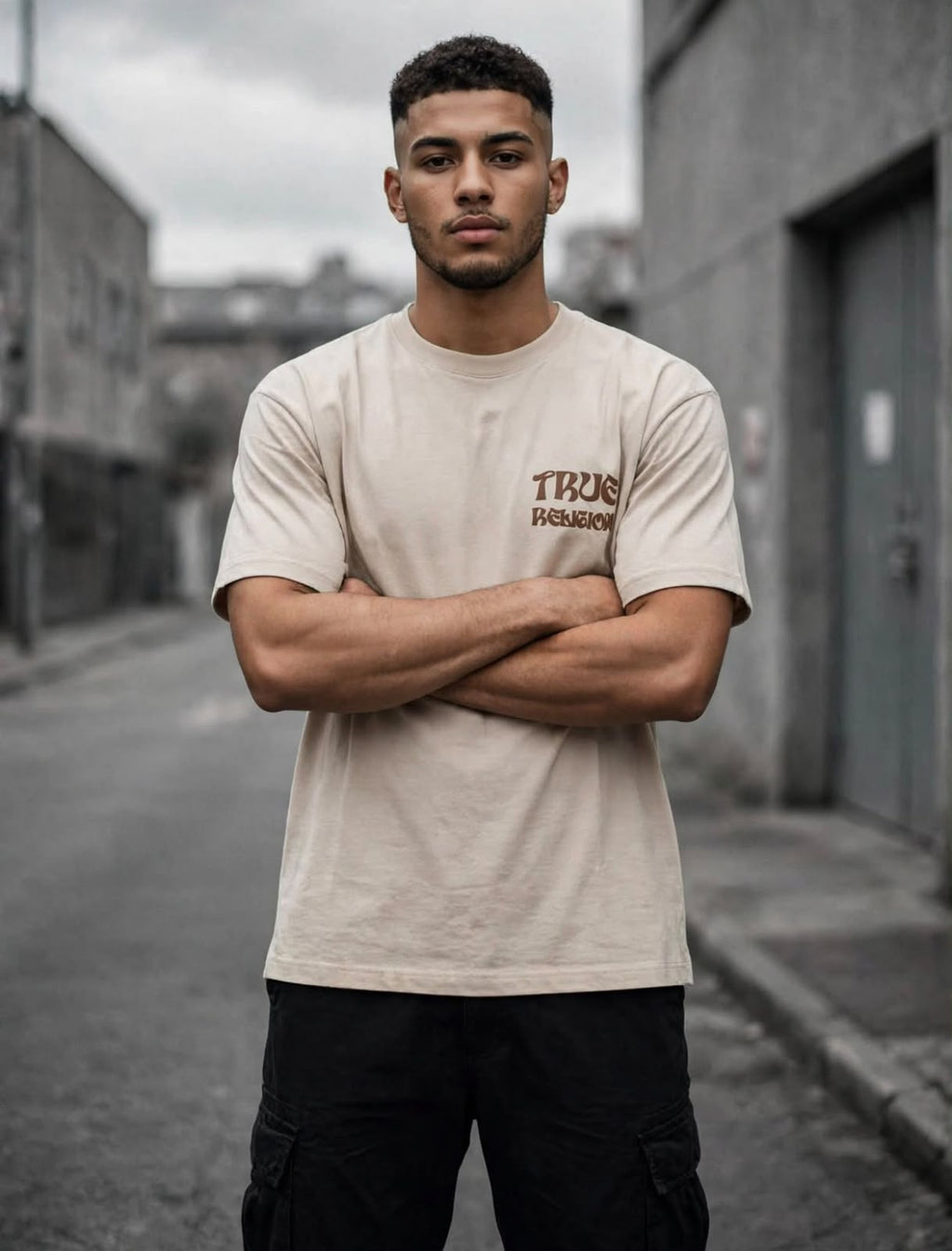 Playera True Religion beige, vista de frente con modelo