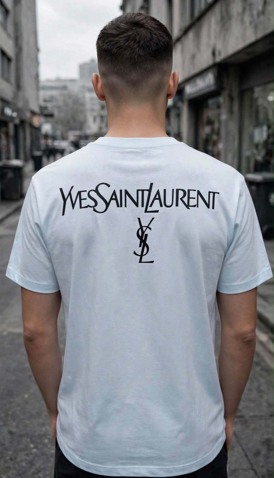 Playera YSL blanca de espalda con modelo