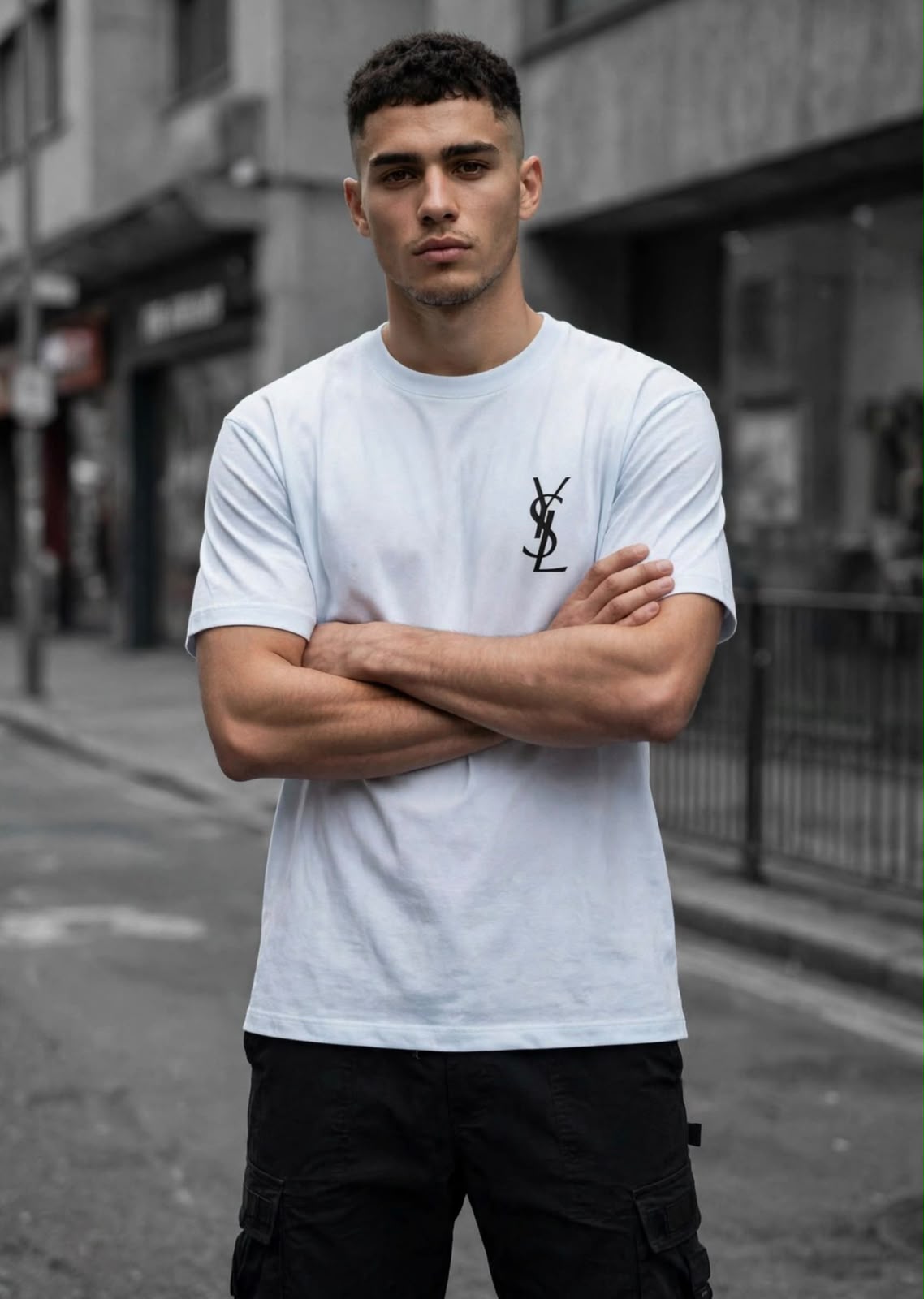 Playera YSL blanca de frente con modelo