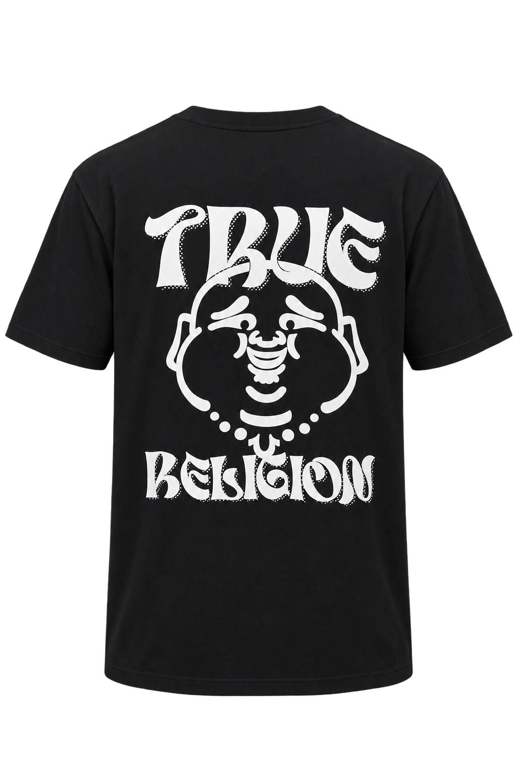 Playera True Religion negra de espalda con maniquí invisible