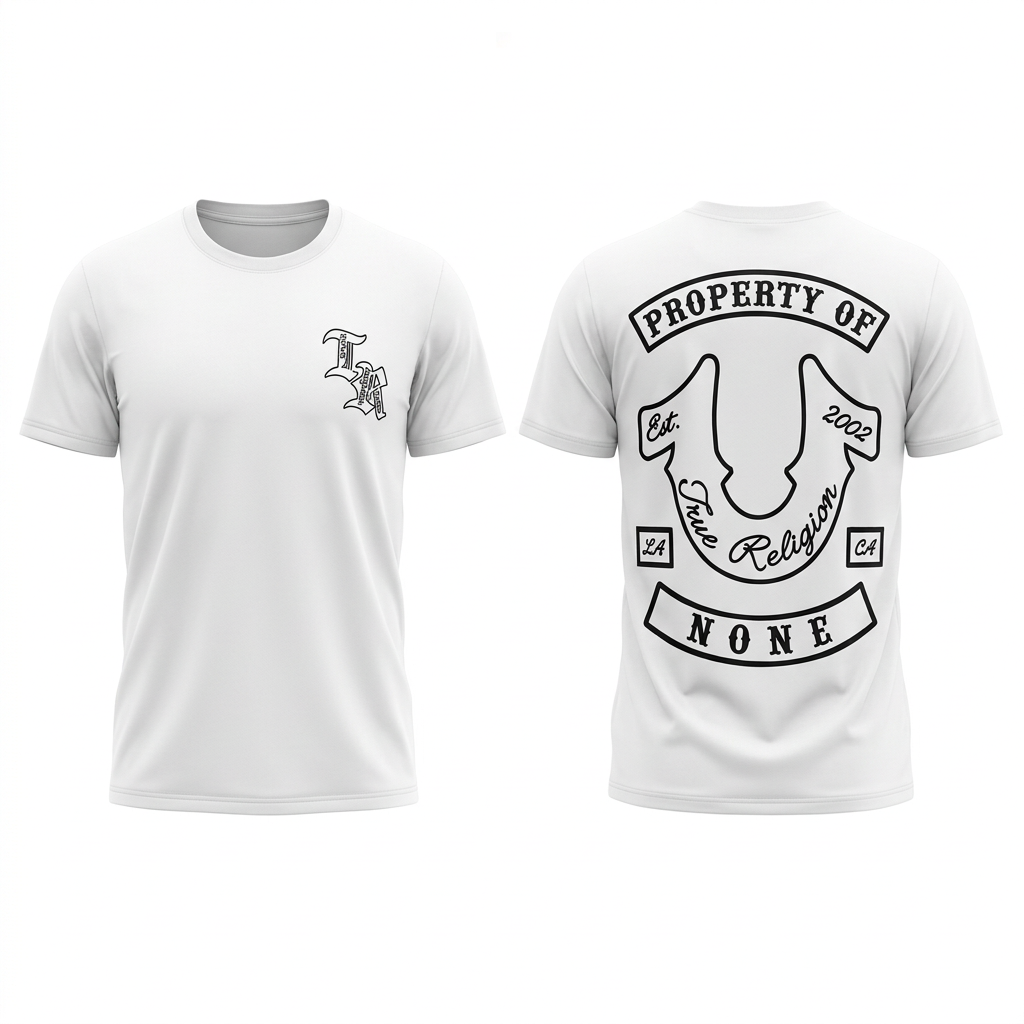 Vista frontal y trasera editada de playera blanca con herradura, con efecto de volumen y fondo blanco