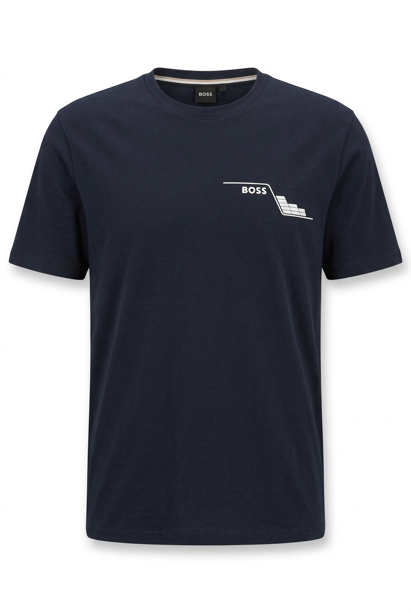 Playera BOSS azul marino, frente en maniquí invisible