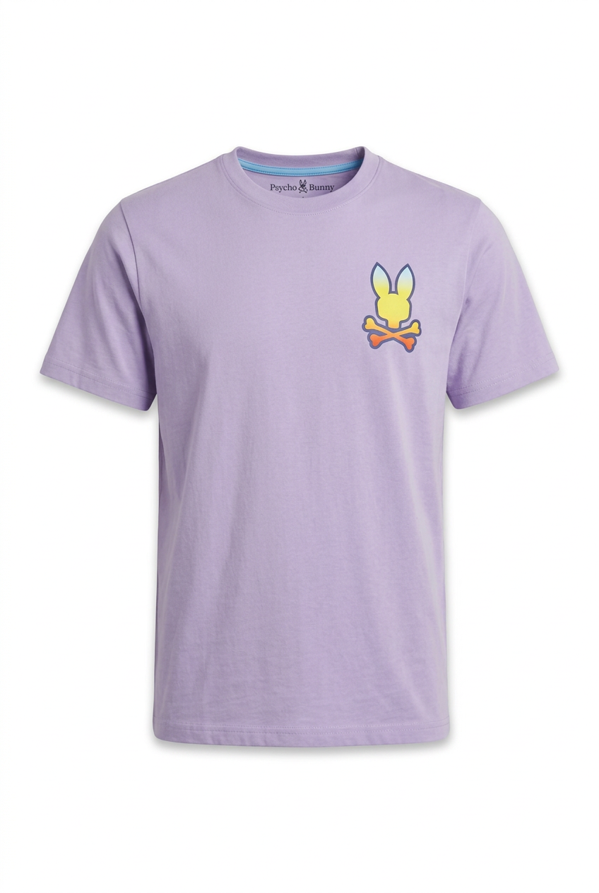Playera lila con diseño Psycho Bunny en maniquí invisible 3D de frente