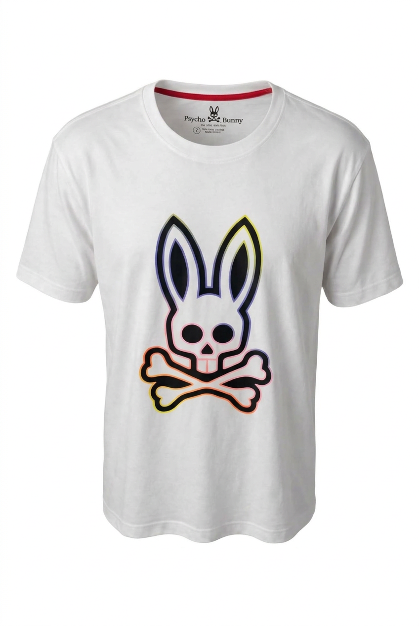 Playera blanca Psycho Bunny, frente en maniquí invisible