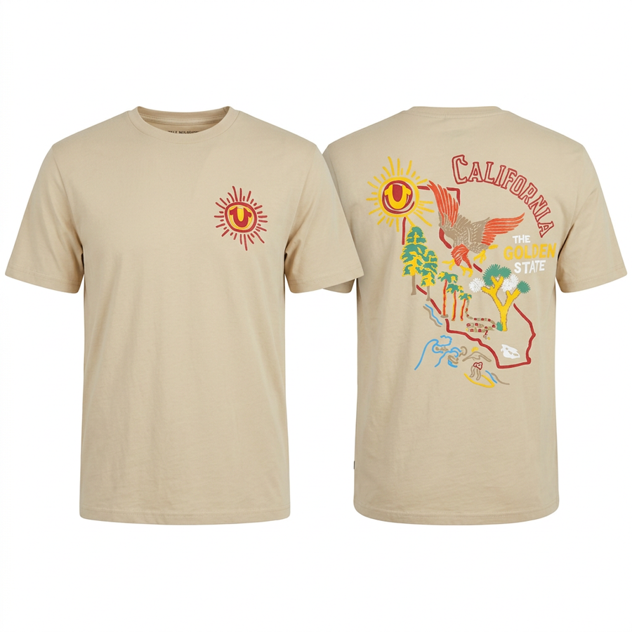 Playera California beige de frente y espalda con efecto de maniquí invisible, volumen suave y pecho sin marcar