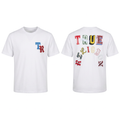 Playera blanca con letras multicolor, vistas frontal y trasera sobre fondo blanco liso