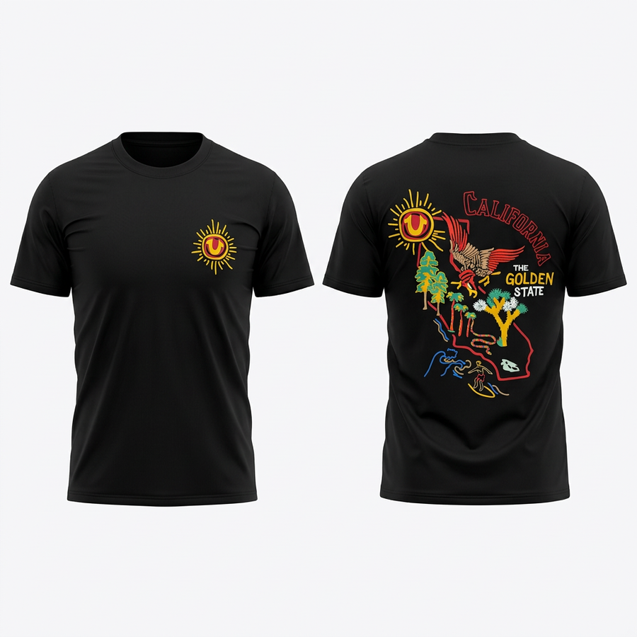 Vista frontal y trasera editada de playera negra California con efecto de volumen y fondo claro
