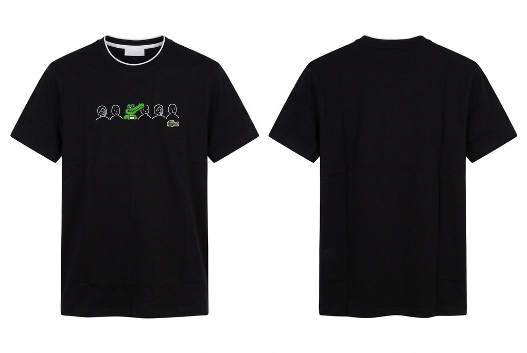 Playera negra con gráfico de cocodrilo verde al frente y espalda lisa, con volumen suave sobre fondo blanco