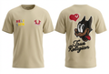 Playera beige con perro y corazón de frente y espalda, con volumen suave y mangas completas sobre fondo blanco
