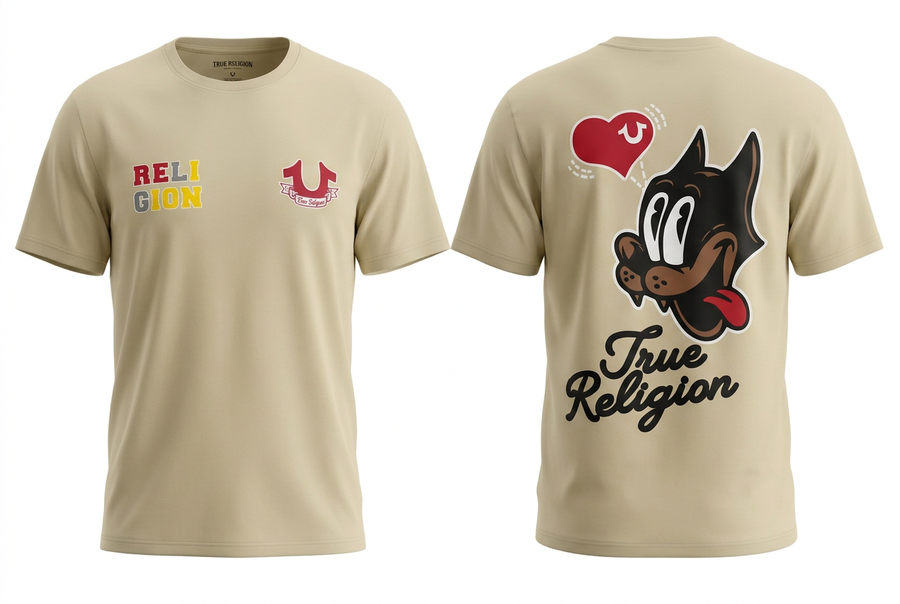 Playera beige con perro y corazón de frente y espalda, con volumen suave y mangas completas sobre fondo blanco