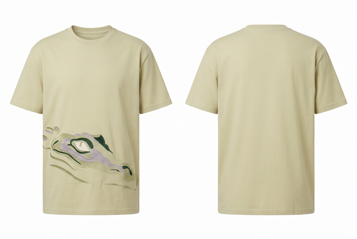 Playera beige con cocodrilo al frente y espalda lisa, con pecho holgado sobre fondo blanco