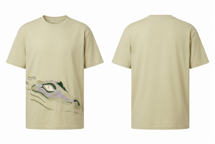 Playera beige con cocodrilo al frente y espalda lisa, con pecho holgado sobre fondo blanco