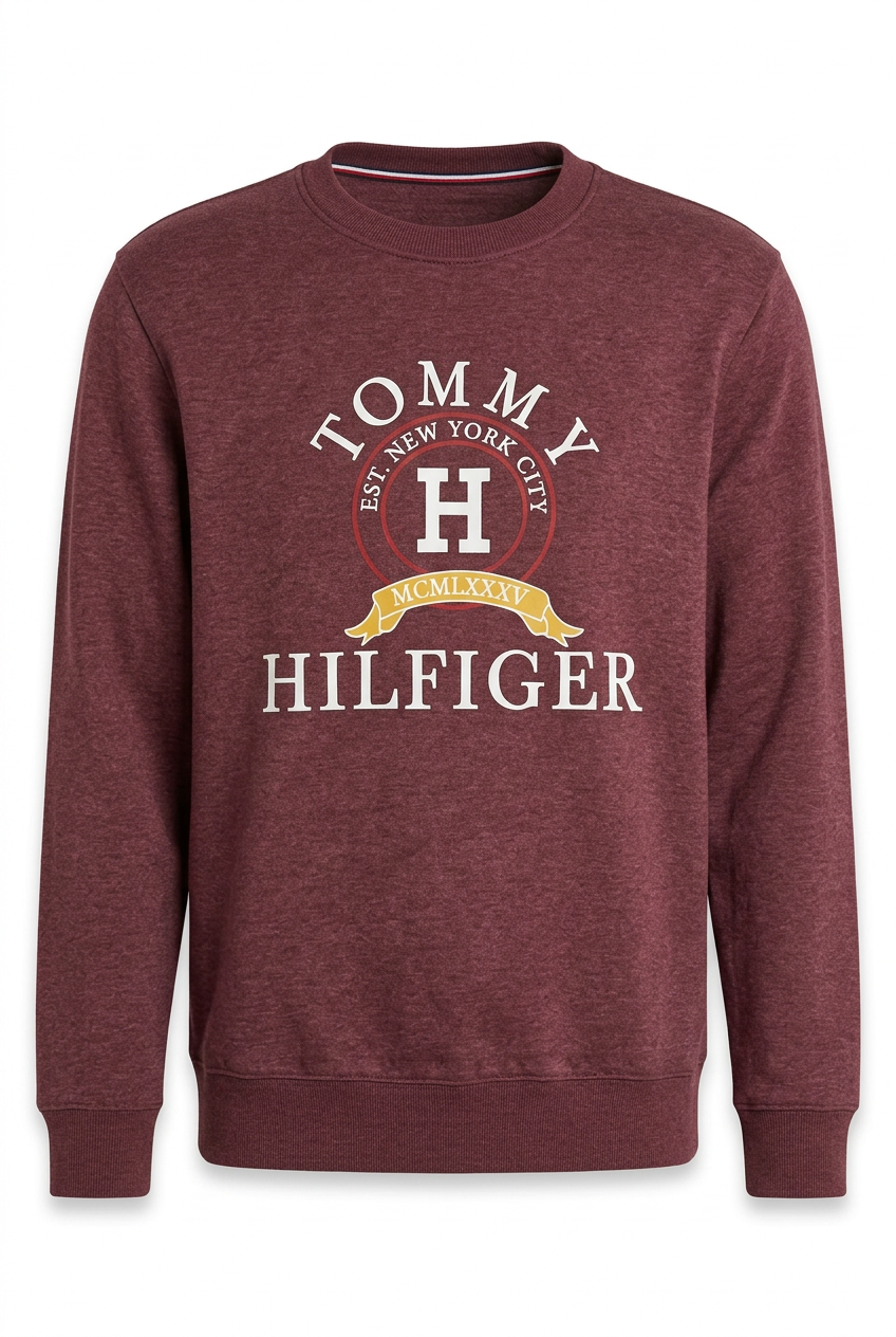 Sudadera vino con diseño Tommy Hilfiger en maniquí invisible 3D de frente