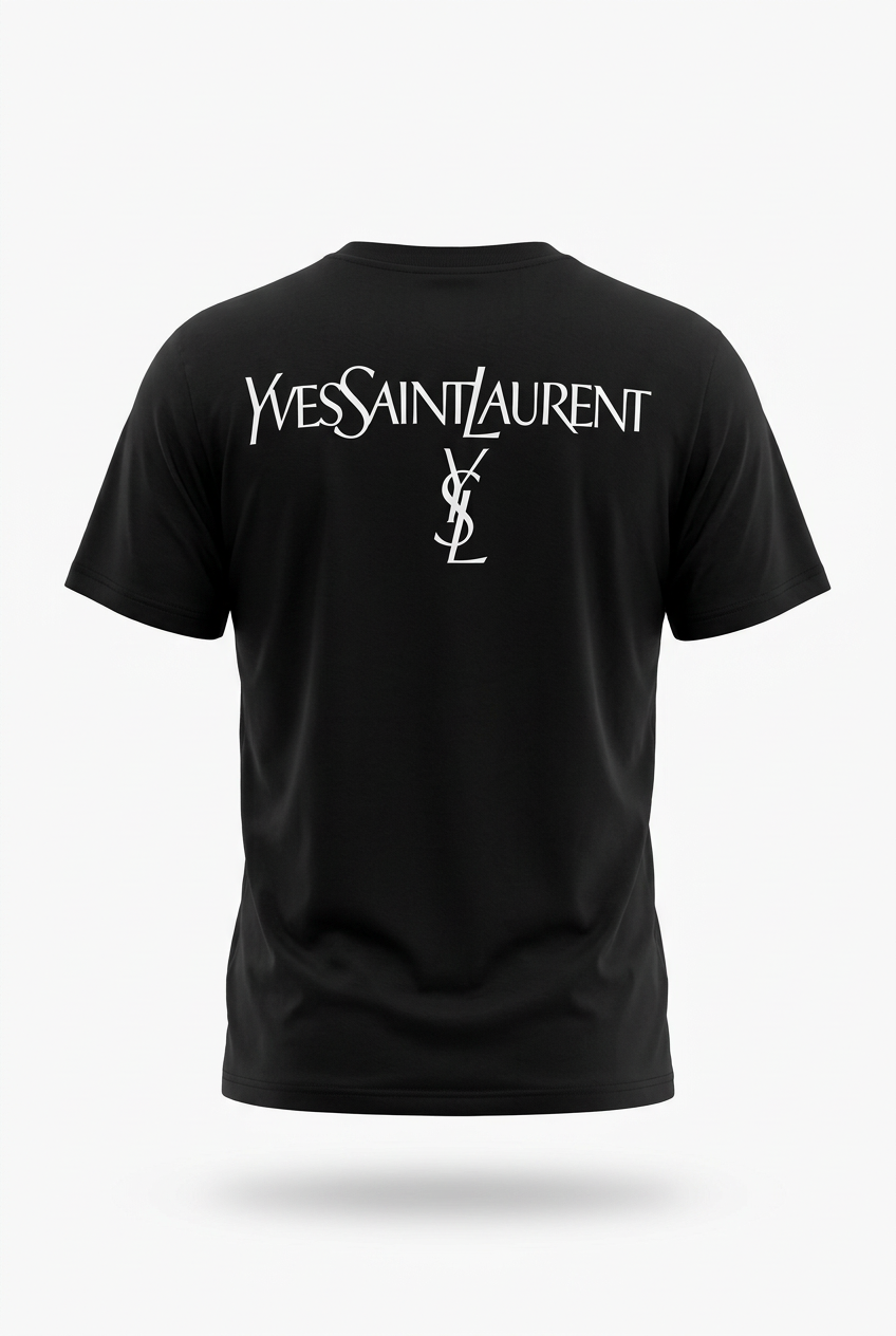 Playera negra con diseño Yves Saint Laurent en maniquí invisible 3D de espalda