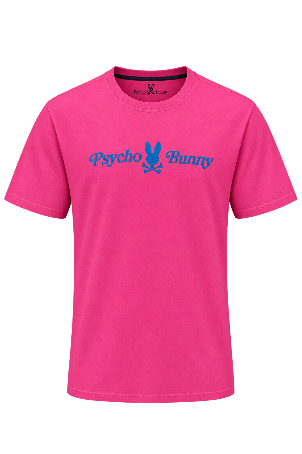 Playera Psycho Bunny rosa de frente con maniquí invisible