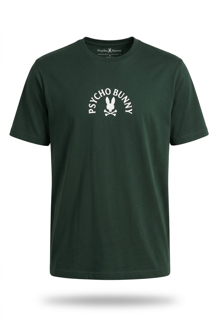 Playera verde oscuro Psycho Bunny en maniquí invisible 3D de frente con detalle interior del cuello