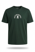 Playera verde oscuro Psycho Bunny en maniquí invisible 3D de frente con detalle interior del cuello