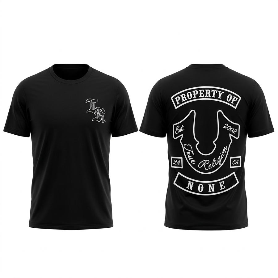 Vista frontal y trasera editada de playera negra con herradura, con efecto de volumen sobre fondo blanco