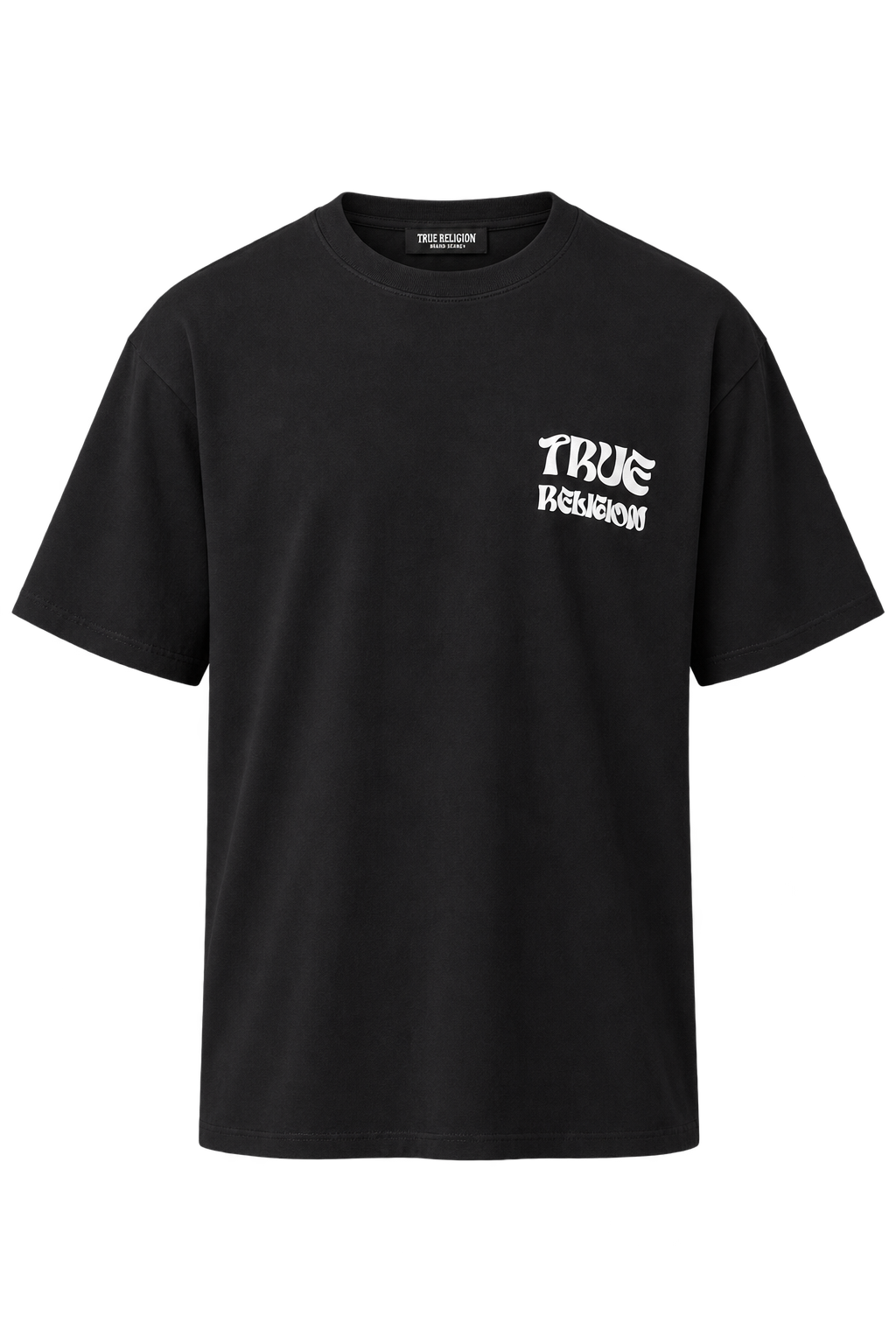 Playera True Religion negra de frente con maniquí invisible