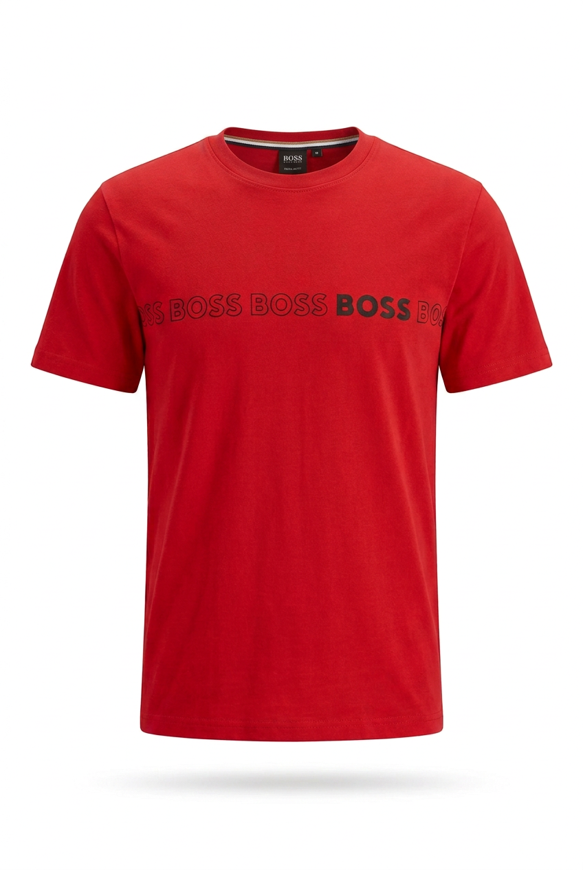 Playera BOSS roja con etiqueta interior del cuello